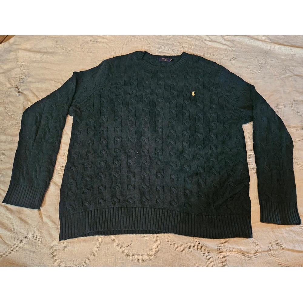 Polo Ralph Lauren Mens 2XLT Hunter Green Cable Knit Cotton Crewneck Sweater Tall